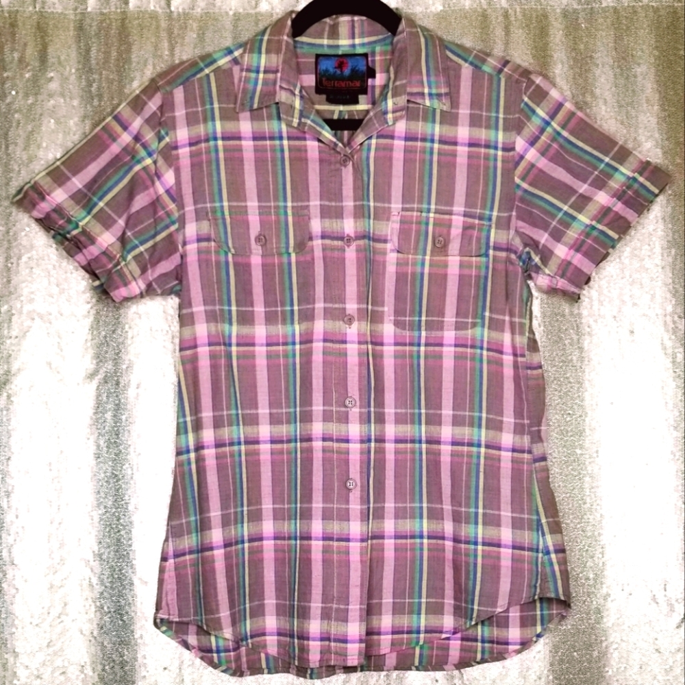 Terramar EUC L pink mauve plaid short-sleeved button-down shirt
